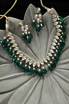 Two-Tone Finish Pearl & Jade Green Stone Necklace Set