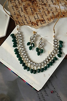 Two-Tone Finish Pearl & Jade Green Stone Necklace Set
