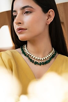 Two-Tone Finish Pearl & Jade Green Stone Necklace Set