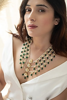 Gold Plated Kundan Polki & Green Jade Stone Layered Necklace