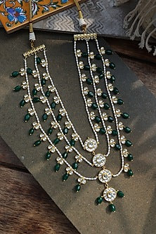 Gold Plated Kundan Polki & Green Jade Stone Layered Necklace