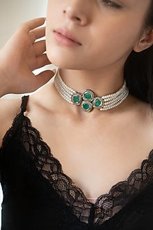 Black Rhodium Finish Kundan Polki & Pearl Choker Necklace
