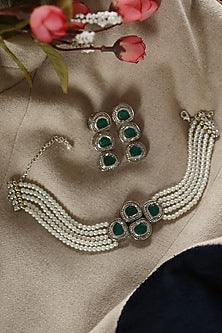 Black Rhodium Finish Kundan Polki & Pearl Choker Necklace