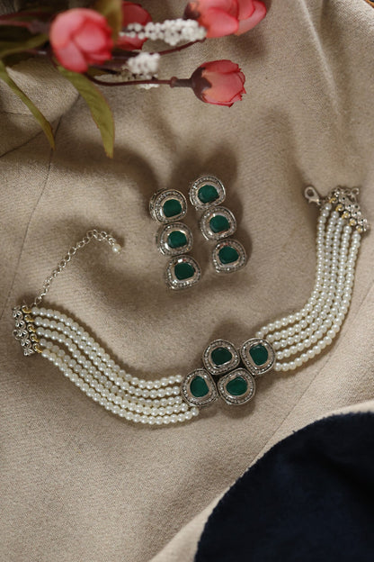 Black Rhodium Finish Kundan Polki & Pearl Choker Necklace