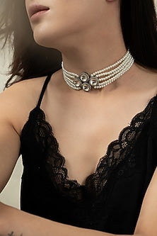 Two Tone Finish Pearl & Cubic Zirconia Victorian Choker Necklace