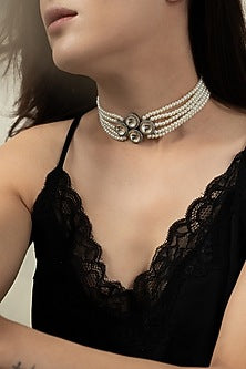 Two Tone Finish Pearl & Cubic Zirconia Victorian Choker Necklace