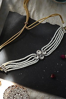 Two Tone Finish Pearl & Cubic Zirconia Victorian Choker Necklace