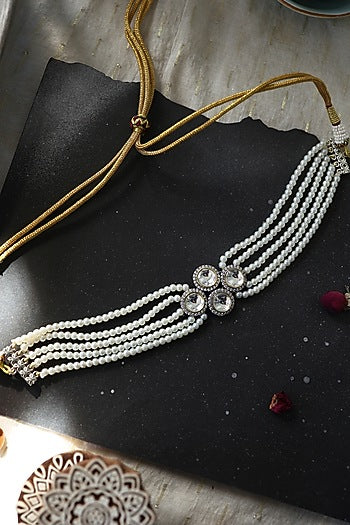 Two Tone Finish Pearl & Cubic Zirconia Victorian Choker Necklace