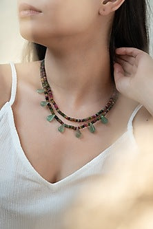 Gold Plated Mint Green Fluorite & Tourmaline Stone Necklace
