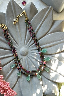 Gold Plated Mint Green Fluorite & Tourmaline Stone Necklace