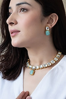 Gold Plated Kundan Polki & Turquoise Stone Necklace Set