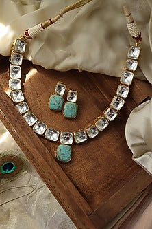 Gold Plated Kundan Polki & Turquoise Stone Necklace Set