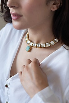 Gold Plated Kundan Polki & Turquoise Stone Necklace Set