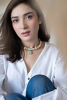 Gold Plated Kundan Polki & Turquoise Stone Necklace Set