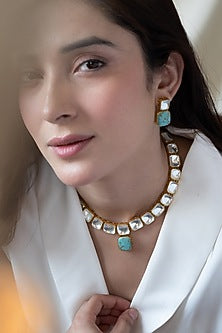 Gold Plated Kundan Polki & Turquoise Stone Necklace Set