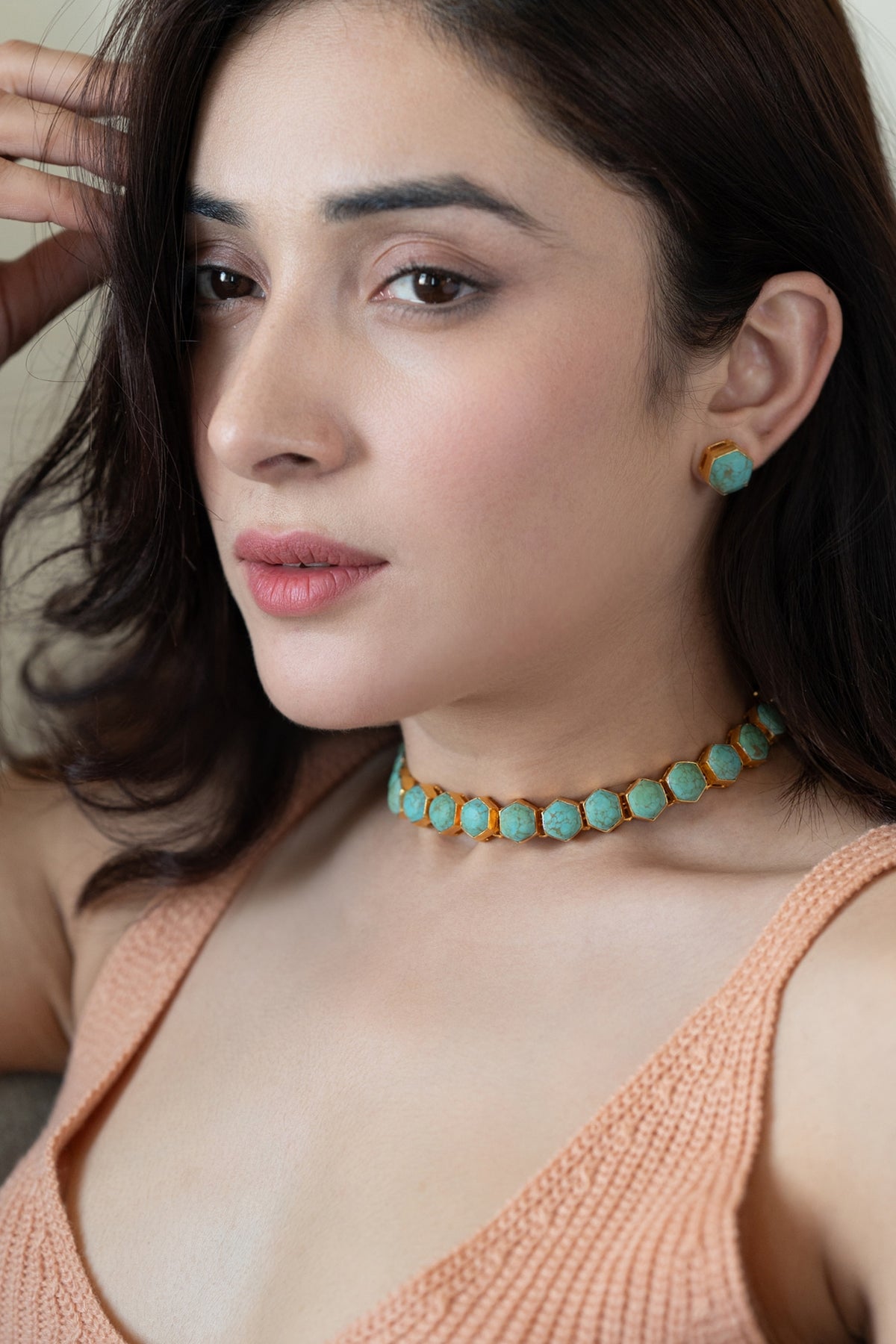 Gold Plated Turquoise Stone Necklace Set