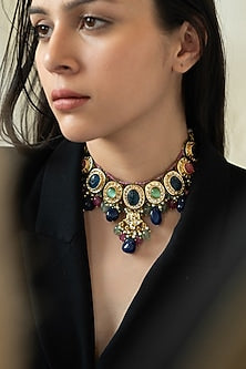 Gold Plated Kundan Polki & Multi-Colored Agate Stone Necklace