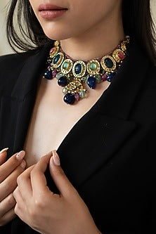Gold Plated Kundan Polki & Multi-Colored Agate Stone Necklace