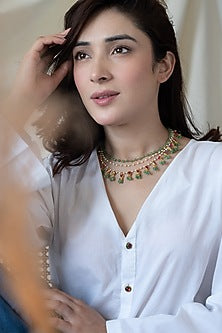 Gold Plated Mint Kundan Polki & Green Onyx Layered Necklace