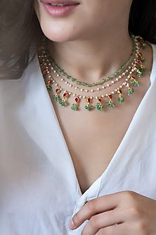 Gold Plated Mint Kundan Polki & Green Onyx Layered Necklace
