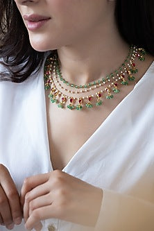 Gold Plated Mint Kundan Polki & Green Onyx Layered Necklace