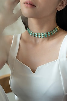 Gold Plated Kundan Polki & Turquoise Beaded Necklace