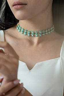 Gold Plated Kundan Polki & Turquoise Beaded Necklace