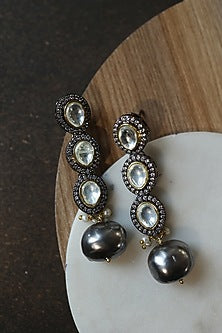 Black Rhodium Finish Grey Polk Stone & Pearl Dangler Earrings