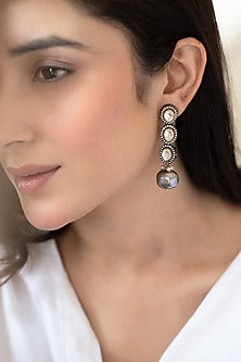 Black Rhodium Finish Grey Polk Stone & Pearl Dangler Earrings