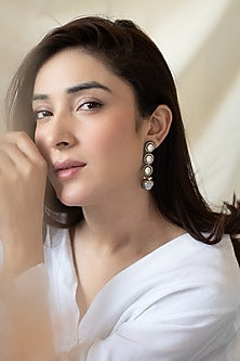 Black Rhodium Finish Grey Polk Stone & Pearl Dangler Earrings