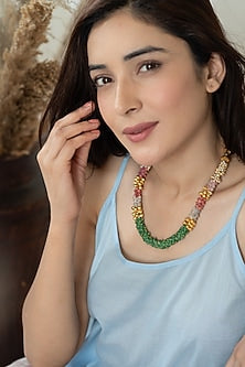 Gold Plated Multi-Colored Onyx & Pearl Necklace