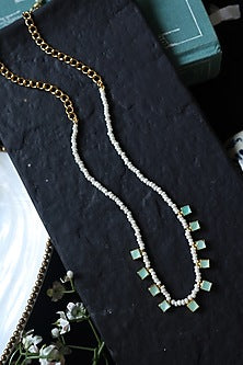 Gold Plated Mint Kundan Polki & Pearl Necklace