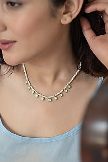 Gold Plated Mint Kundan Polki & Pearl Necklace