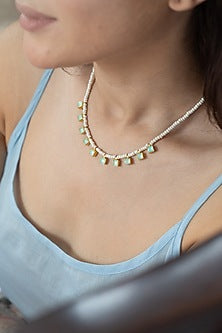 Gold Plated Mint Kundan Polki & Pearl Necklace