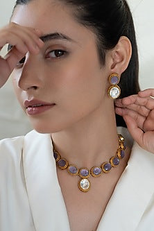 Gold Plated Purple Kundan Polki & Natural Stone Necklace Set
