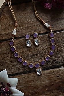 Gold Plated Purple Kundan Polki & Natural Stone Necklace Set