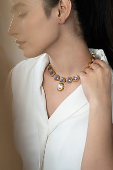 Gold Plated Purple Kundan Polki & Natural Stone Necklace Set