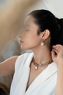 Gold Plated Purple Kundan Polki & Natural Stone Necklace Set