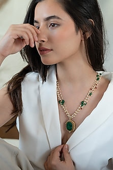 Gold Plated Red Onyx & Jade Green Stone Pendant Necklace