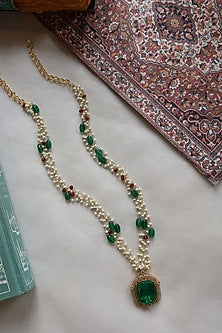 Gold Plated Red Onyx & Jade Green Stone Pendant Necklace