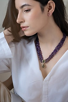 Gold Plated Amethyst Stone & Cubic Zirconia Layered Necklace Set