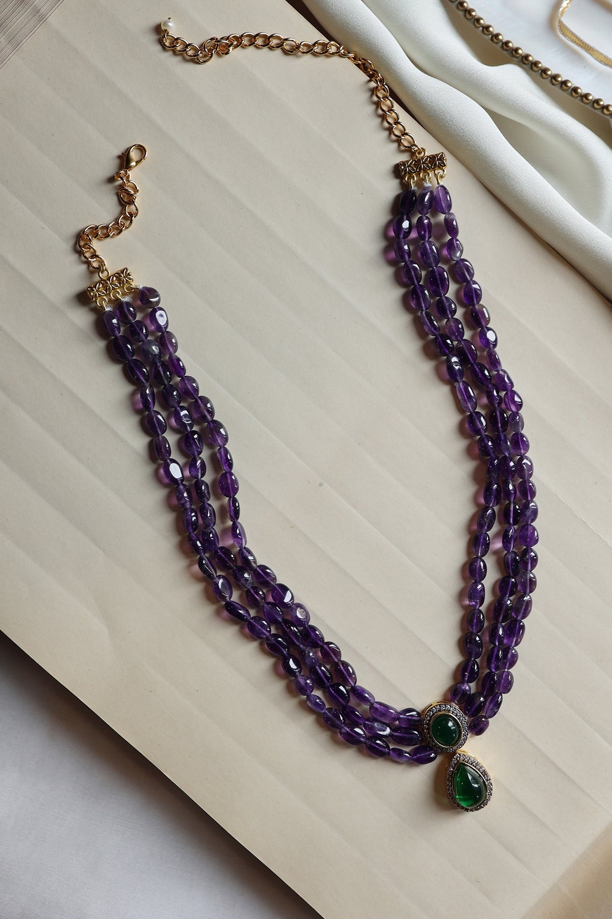 Gold Plated Amethyst Stone & Cubic Zirconia Layered Necklace Set