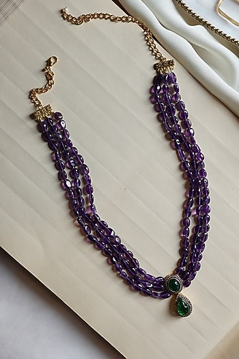Gold Plated Amethyst Stone & Cubic Zirconia Layered Necklace Set