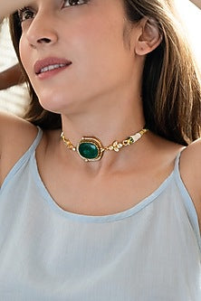 Gold Plated Kundan Polki & Emerald Doublet Stone Choker Necklace
