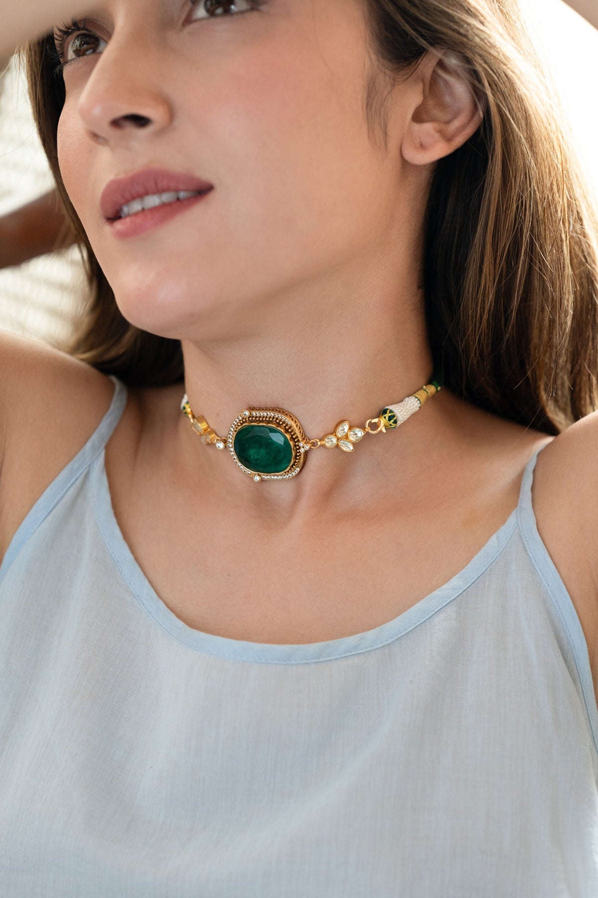 Gold Plated Kundan Polki & Emerald Doublet Stone Choker Necklace
