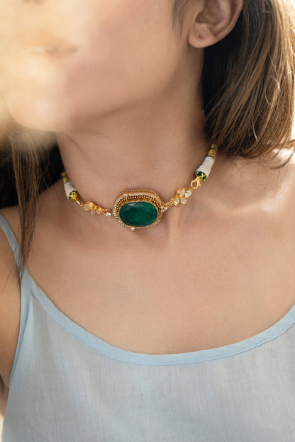 Gold Plated Kundan Polki & Emerald Doublet Stone Choker Necklace