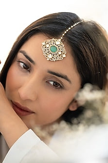 Gold Plated Mint Stone & Cubic Zirconia Maangtikka