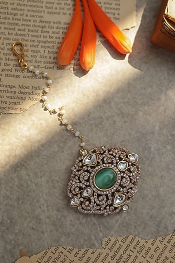 Gold Plated Mint Stone & Cubic Zirconia Maangtikka