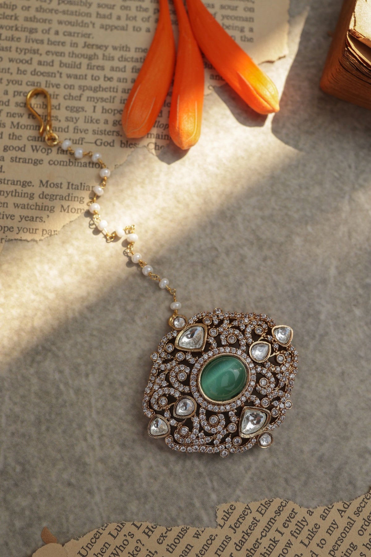 Gold Plated Mint Stone & Cubic Zirconia Maangtikka