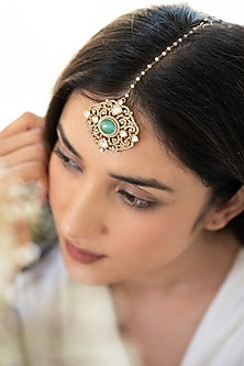 Gold Plated Mint Stone & Cubic Zirconia Maangtikka